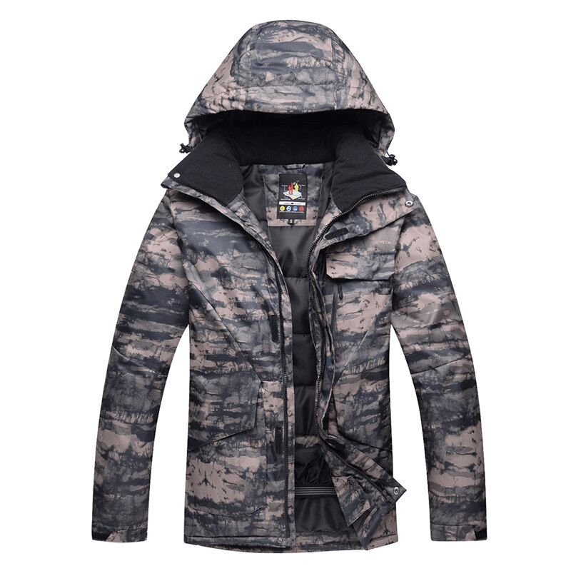 Camouflage waterproof men's snowboard jacket with hood, featuring breathability and windproof design for winter sports.